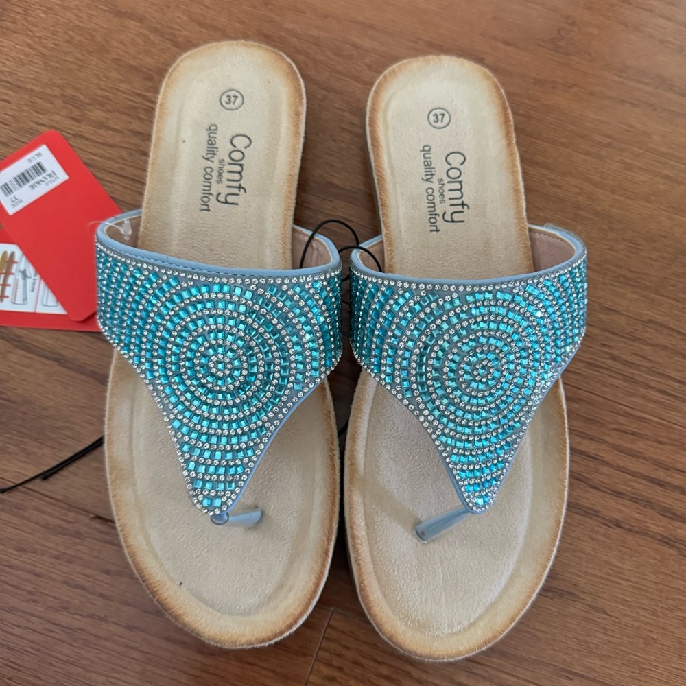 New Comfy Euro Brand Sparkly Blue Flip Flop Sandals Slides sz 37 7
